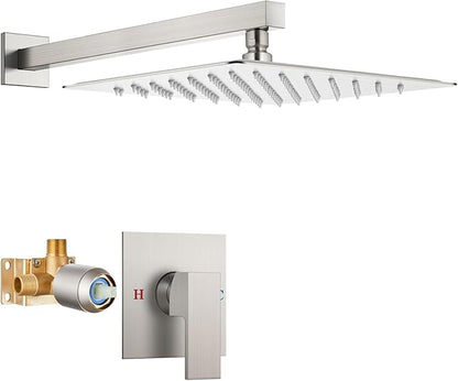 Airuida Shower Faucet Set Bathroom Rain Shower System SUS304 Stainless Steel Single Handle With Male Threads Rough-in Valve Shower Trim Kit 12 Inch Wall Mount Shower Head Brushed Nickel