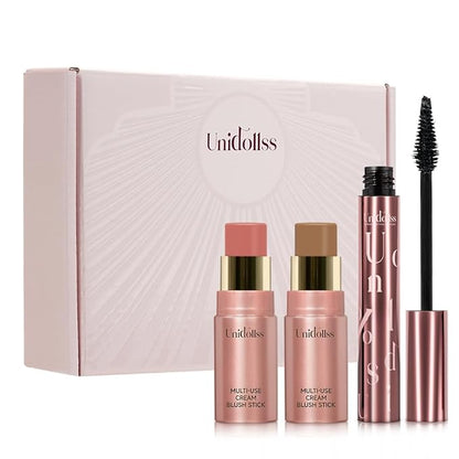 3 Pcs Unidollss Tubing Mascara and Blush Stick Set, Volume and Length Black Mascara Lengthening Long Lasting All Day, Washable Voluminous Tubing with a Random Accessory Included(02,05)