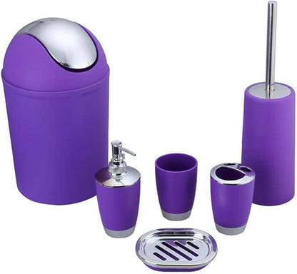 Bathroom Accessories Set 6 Pieces Plastic Bathroom Accessories Toothbrush Holder, Rinse Cup, Soap Dish, Hand Sanitizer Bottle, Waste Bin, Toilet Brush with Holder(6 Colors) (Purple)