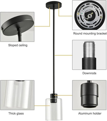 Black Pendant Lights Kitchen Island - Clear Glass Pendant Light Fixture Multiple Stems Rods 3 Units 12 Inch 3 Units 4 Inch (Black 3 Pack Stem Rod)