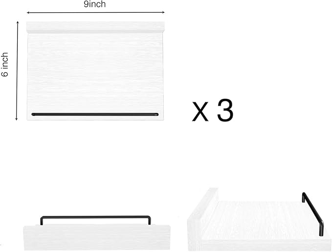Small Floating Shelf, 6X9 Inches Farmhouse Wall Shelves for Living Room, Bedroom, Picture Frames, Plants, Kitchen, Set of 3 (White and Black)