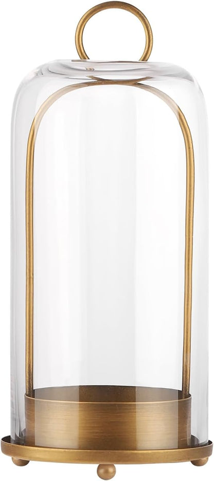 12" High Versatile Modern Metal Hurricane Lantern with Handmade Sturdy Glass Dome for 3" Pillar Candle & Plants (Brass, 5"x12")