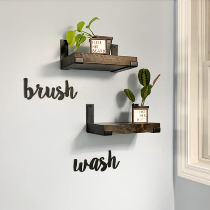 Rustic Shelves with J-Brackets Set of 2, Industrial Shelf, Kitchen Shelves, Solid Wood, Decorative Wall Storage, Heavy Duty, URBANDI (Dark Brown, 24Wx10D)