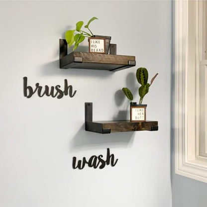 Rustic Shelves with J-Brackets Set of 2, Industrial Shelf, Kitchen Shelves, Solid Wood, Decorative Wall Storage, Heavy Duty, URBANDI (Dark Brown, 12Wx10D)