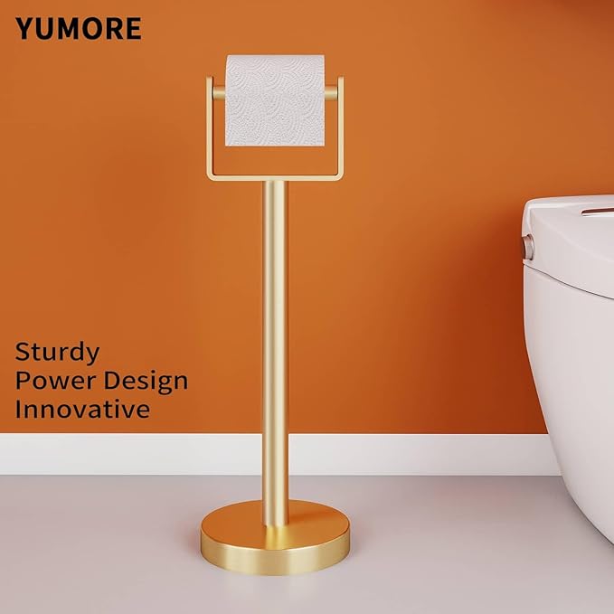 YUMORE Toilet Paper Holder Free Standing, Stainless Steel Toilet Paper Stand, Weighted Base Floor Tissue Roll Holder for Bathroom,Gold 200UP