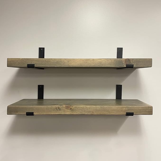 Rustic Shelves with J-Brackets Set of 2, Industrial Shelf, Kitchen Shelves, Solid Wood, Decorative Wall Storage, Heavy Duty, URBANDI (Grey, 12Wx6D)