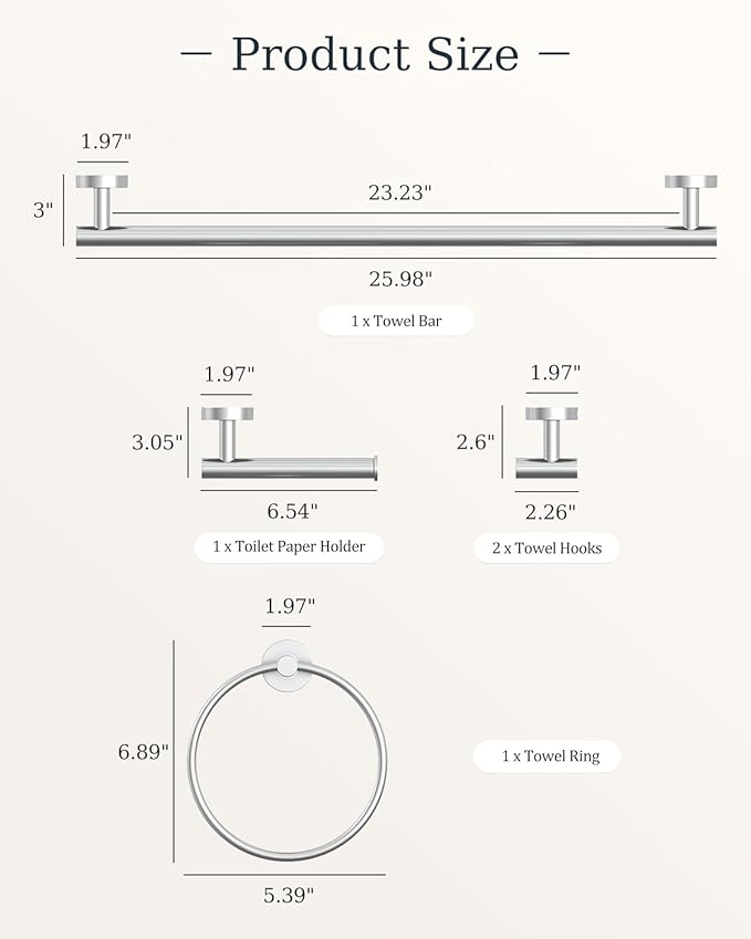 Chrome Bathroom Accessories Set, SUS304 Stainless Steel 5 Pieces Bathroom Hardware Set, 26 Inch Bath Towel Bar Set, 2 Towel Hooks, Toilet Paper Holder, Towel Racks for Bathroom Wall Mounted