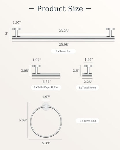 Chrome Bathroom Accessories Set, SUS304 Stainless Steel 5 Pieces Bathroom Hardware Set, 26 Inch Bath Towel Bar Set, 2 Towel Hooks, Toilet Paper Holder, Towel Racks for Bathroom Wall Mounted