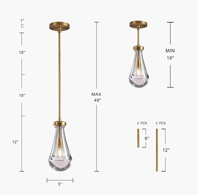 Raindrop Pendant Lights 2 Pack, Pendant Lights for Kitchen Island, Brass Rod Dining Room Light Fixture, Raindrop Chandelier, Pendant Lights for Living Room Hallway, Including Bulb