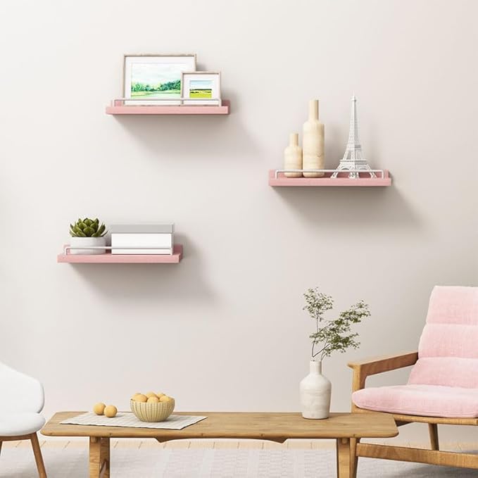 Small Floating Shelf, 6X9 Inches Farmhouse Wall Shelves for Living Room, Bedroom, Picture Frames, Plants, Kitchen, Set of 3 (Pink and White)