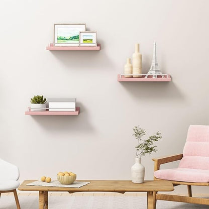 Small Floating Shelf, 6X9 Inches Farmhouse Wall Shelves for Living Room, Bedroom, Picture Frames, Plants, Kitchen, Set of 3 (Pink and White)