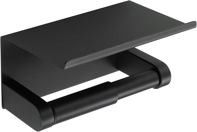 Alise Black Toilet Paper Holder,Bathroom Adhesive Toilet Paper Holder SUS304 Stainless Steel Toilet Paper Roll Holder with Shelf Spring Loaded Tissue Holder Wall Mount(Adhesive or Screw)