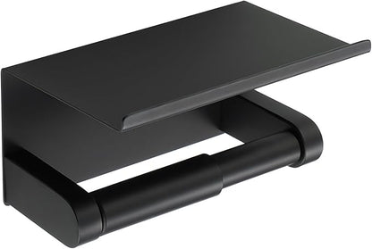 Alise Black Toilet Paper Holder,Bathroom Adhesive Toilet Paper Holder SUS304 Stainless Steel Toilet Paper Roll Holder with Shelf Spring Loaded Tissue Holder Wall Mount(Adhesive or Screw)