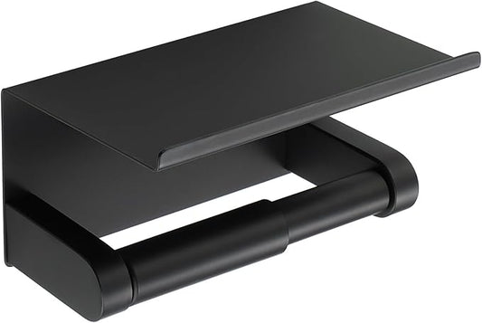 Alise Black Toilet Paper Holder,Bathroom Adhesive Toilet Paper Holder SUS304 Stainless Steel Toilet Paper Roll Holder with Shelf Spring Loaded Tissue Holder Wall Mount(Adhesive or Screw)