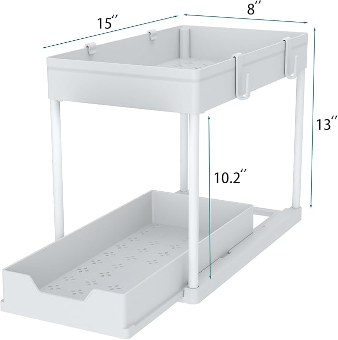 Cabinet, 2 Pack Under Sink Organizer, 2 Tier Sliding Bathroom Kitchen Organizer, Large White ABS Baskets, Easy Install & Clean