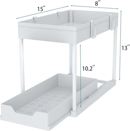 Cabinet, 2 Pack Under Sink Organizer, 2 Tier Sliding Bathroom Kitchen Organizer, Large White ABS Baskets, Easy Install & Clean