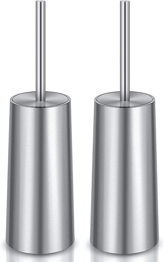 Toilet Brush and Holder, 2 Pack Toilet Brush with 304 Stainless Steel Long Handle, Toilet Bowl Brush for Bathroom Toilet-Ergonomic, Elegant,Durable (Silver)