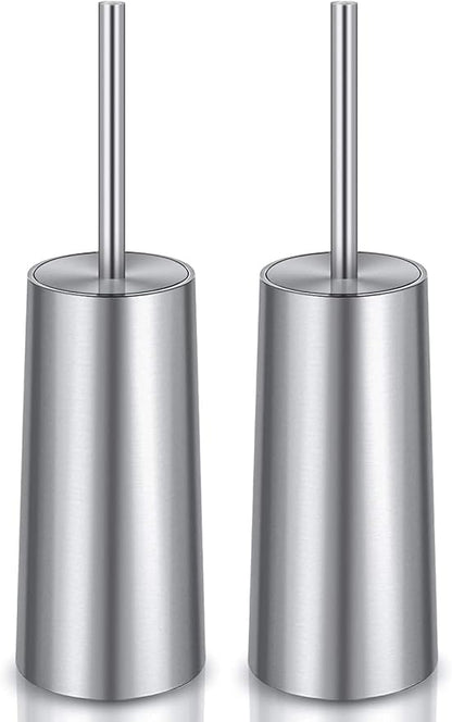 Toilet Brush and Holder, 2 Pack Toilet Brush with 304 Stainless Steel Long Handle, Toilet Bowl Brush for Bathroom Toilet-Ergonomic, Elegant,Durable (Silver)