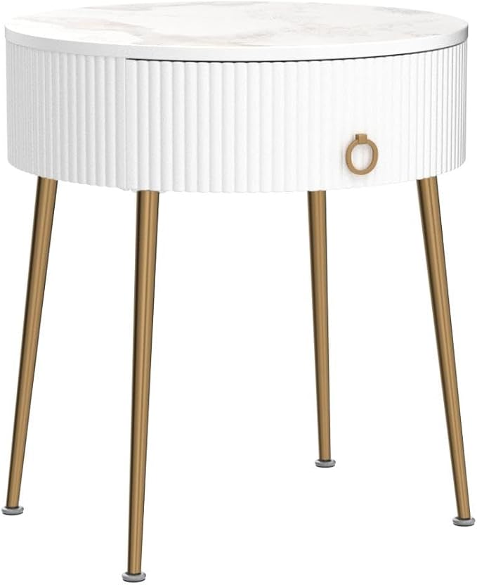 OIOG Round Nightstand with Drawer, Modern Side Table with Marbling Natural Stone Tabletop and Metal Legs, Small End Table with Storage for Living Room and Bedroom, Gold