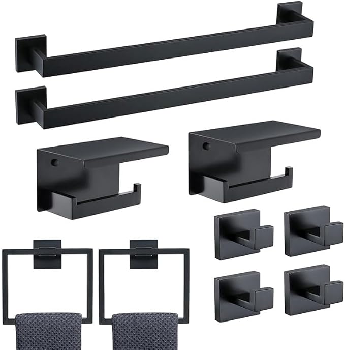 10-Piece Bathroom Hardware Set - Matte Black SUS304 Stainless Steel Wall-Mounted Towel Bar, Holder & Racks, 23.6 Inch