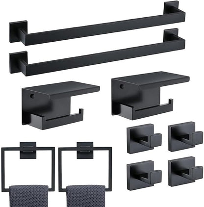 10-Piece Bathroom Hardware Set - Matte Black SUS304 Stainless Steel Wall-Mounted Towel Bar, Holder & Racks, 23.6 Inch