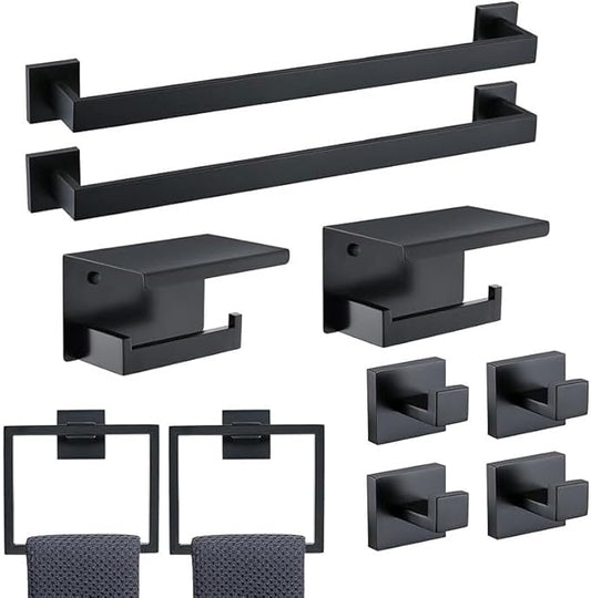 10-Piece Bathroom Hardware Set - Matte Black SUS304 Stainless Steel Wall-Mounted Towel Bar, Holder & Racks, 23.6 Inch