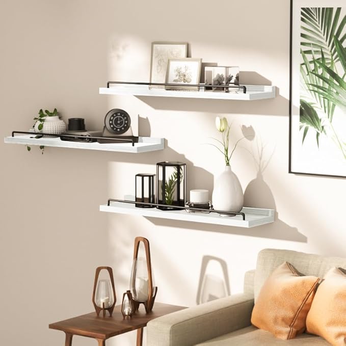 22 inches Long Floating Shelves, Bathroom Decor Shelves Over Toilet, Farmhouse Wall Shelves for Living Room, Bedroom, Picture Frames, Plants, Kitchen, Set of 3 (White and Black)