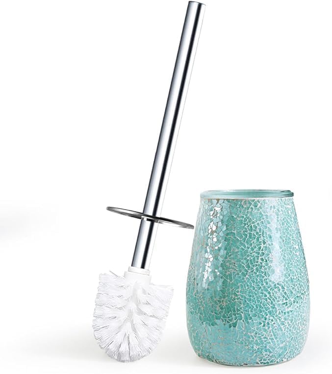 Turquoise Green Toilet Brush and Holder Set Mosaic Glass | Non-Rustic Stainless Steel | Practical & Decorative Toilet Bowl Brush and Holder | Luxury Green Bathroom Accessories