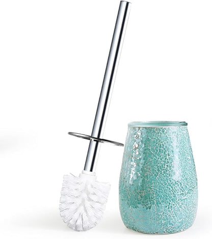 Turquoise Green Toilet Brush and Holder Set Mosaic Glass | Non-Rustic Stainless Steel | Practical & Decorative Toilet Bowl Brush and Holder | Luxury Green Bathroom Accessories