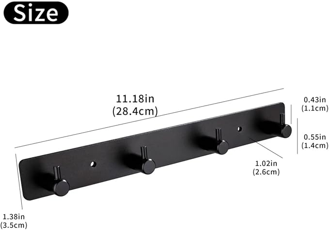 Black 4 Wall Hooks, Matte Black Bathroom Hook Rail, Self Adhesive Key Hook Rack Hanger Towel Robe Stick Hooks for Toilet Entryway Hallway Kitchen Wall Mounted