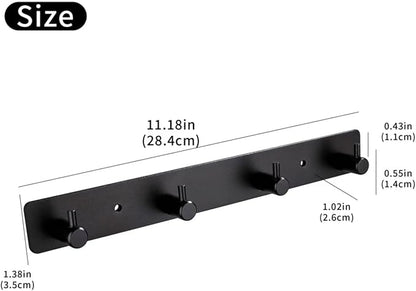 Black 4 Wall Hooks, Matte Black Bathroom Hook Rail, Self Adhesive Key Hook Rack Hanger Towel Robe Stick Hooks for Toilet Entryway Hallway Kitchen Wall Mounted