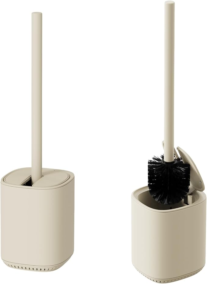 Toilet Brush and Holder Set Toilet Bowl Brush Stainless Steel Automatic Toilet Bowl Cleaner Brush with Durable Bristle Head Toilet Cleaning Brush for Bathroom 2 Pack Set Cream