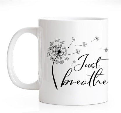 RZHV Just Breathe 11 Oz Novelty Mug, Funny Dandelion Coffee Mug for Floral Lover, Calming Gifts for Yoga Lover, Meditation Mental Health Gifts for Women