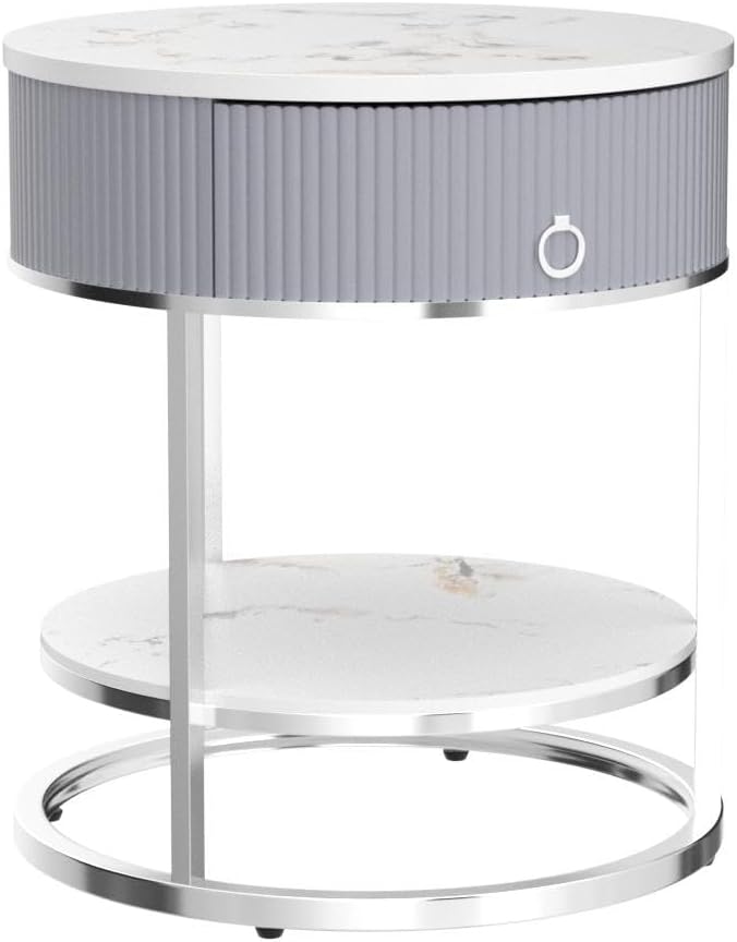 OIOG Modern End Table with Drawer, 2 Tier Side Table with Shelf, Round Nightstand with Sintered Stone Tabletop and Chrome Legs for Living Room, Bedroom, Home Office, Dorm, Silver