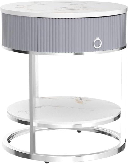 OIOG Modern End Table with Drawer, 2 Tier Side Table with Shelf, Round Nightstand with Sintered Stone Tabletop and Chrome Legs for Living Room, Bedroom, Home Office, Dorm, Silver