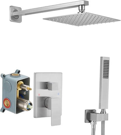 Brushed Nickel Shower System Brass Bathroom Luxury Rain Mixer Shower Combo Set Wall Mounted Rainfall Shower Head System Shower Faucet Rough-in Valve Body and Trim Included