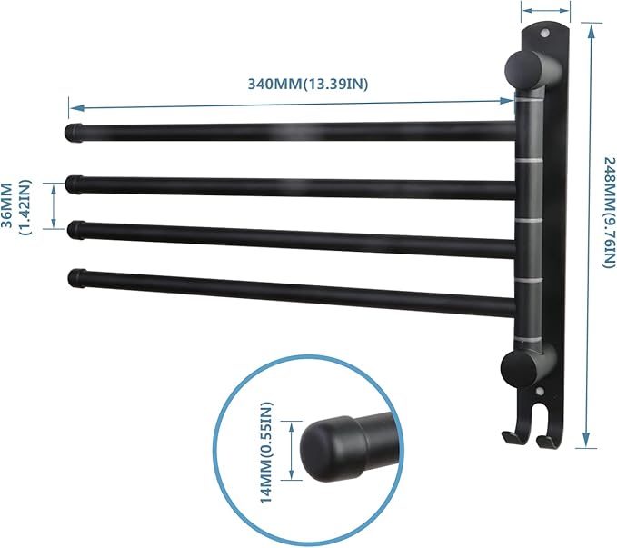 Black Towel Rack JSVER Swivel Towel Rack Wall Mounted, SUS304 Stainless Steel Towel Bar, 4 Arms Space Saving Towel Holder, Towel Racks for Bathroom