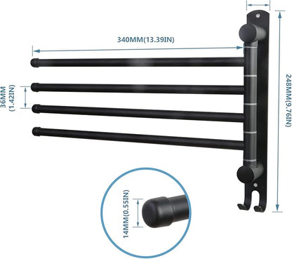 Black Towel Rack JSVER Swivel Towel Rack Wall Mounted, SUS304 Stainless Steel Towel Bar, 4 Arms Space Saving Towel Holder, Towel Racks for Bathroom