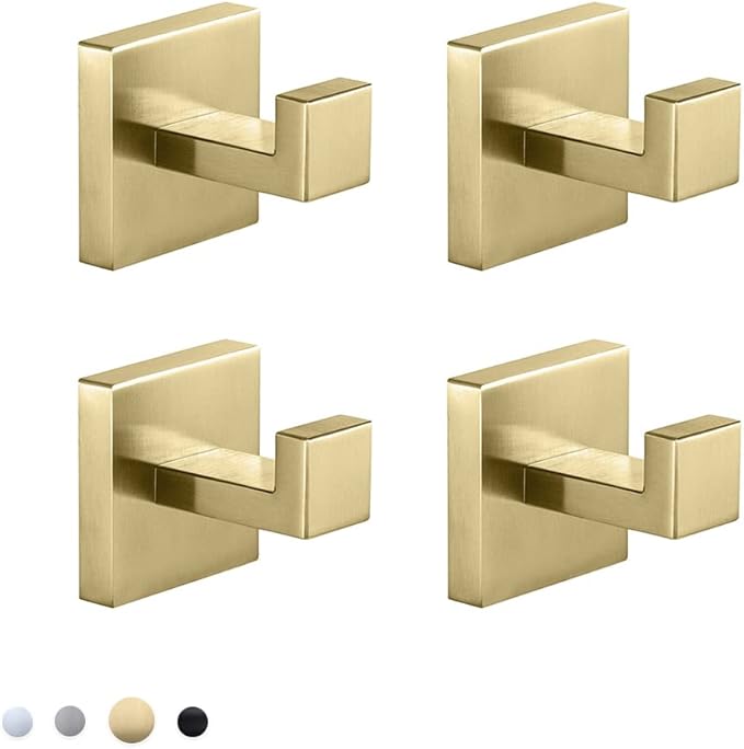 Towel Hooks SUS304 Stainless Steel Brushed Nickel Bath Coat Robe Clothes Square Hook Hanger Wall Hook Holder for Bathroom Kitchen Hotel Wall Mounted 4 Pack (Brushed Gold)