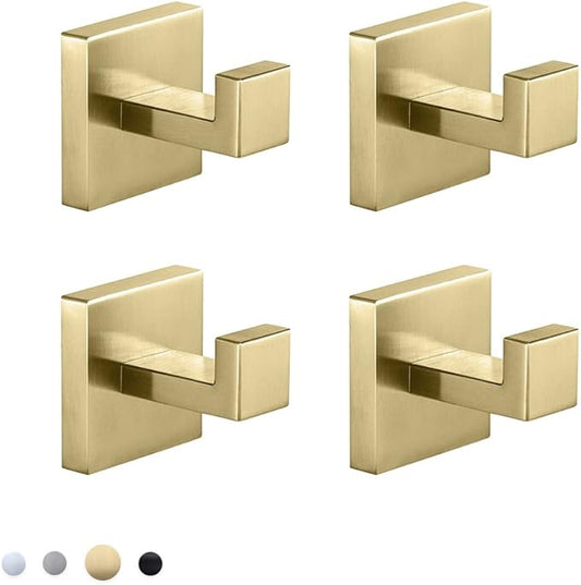 Towel Hooks SUS304 Stainless Steel Brushed Nickel Bath Coat Robe Clothes Square Hook Hanger Wall Hook Holder for Bathroom Kitchen Hotel Wall Mounted 4 Pack (Brushed Gold)