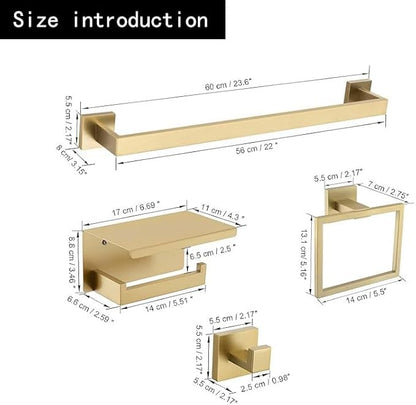 10-Piece Bathroom Hardware Set - Brushed Gold SUS304 Stainless Steel Wall-Mounted Towel Bar, Holder & Racks, 23.6 Inch