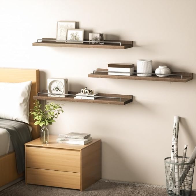 22 inches Long Floating Shelves, Bathroom Decor Shelves Over Toilet, Farmhouse Wall Shelves for Living Room, Bedroom, Picture Frames, Plants, Kitchen, Set of 3 (Brown)