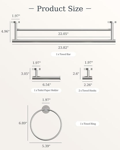 Brushed Nickel Bathroom Accessories Set, SUS304 Stainless Steel 5 Pieces Bathroom Hardware Set, 24" Double Bath Towel Bar Set, 2 Towel Hooks, Toilet Paper Holder, Towel Racks for Bathroom Wall Mounted
