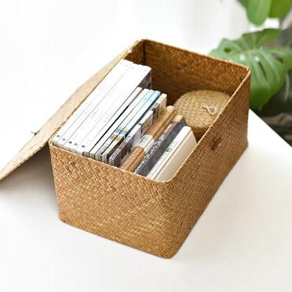 Wicker Basket with Lid, Seagrass Storage Basket, Woven Baskets for Storage, Decorative Storage Baskets for Shelf Organizing, Natural