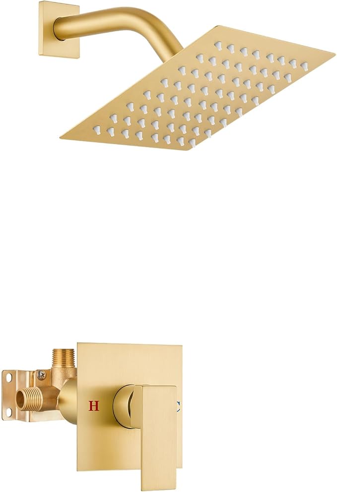 Airuida Shower Faucet Set Bathroom Rain Shower System SUS304 Stainless Steel Single Handle With Male Threads Rough-in Valve Shower Trim Kit 6 Inch Wall Mount Shower Head Brushed Gold