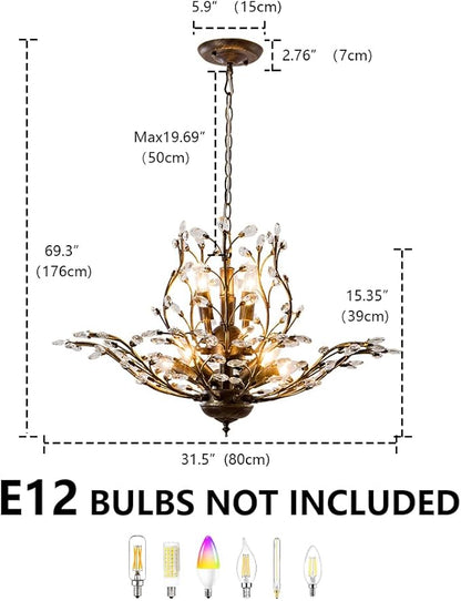 Vintage Farmhouse Chandelier 8-Light Crystal Branch Pendant Lights for Living Room Dining Room Porch Kitchen Island Bedroom Restaurant, Aged Bronze