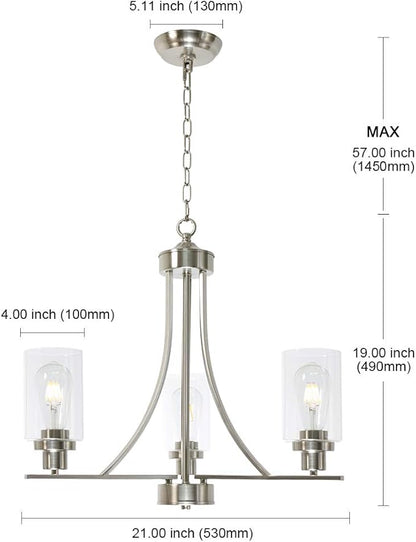 BONLICHT Contemporary Chandelier 3 Light Brushed Nickel Modern Lighting Fixtures Hanging Clear Glass Shades Pendant Light Classic Ceiling Lamp for Kitchen Dinging Room Living Room Bedroom Hallway
