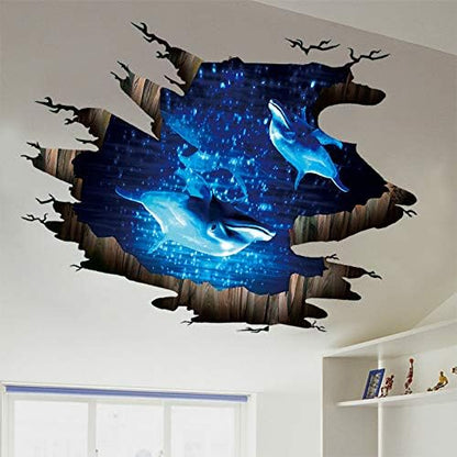 Quanhaigou 3D Wall Decals Stickers Wall Murals Wallpaper Decor for Home Floor Living Room (Blue Dolphin)