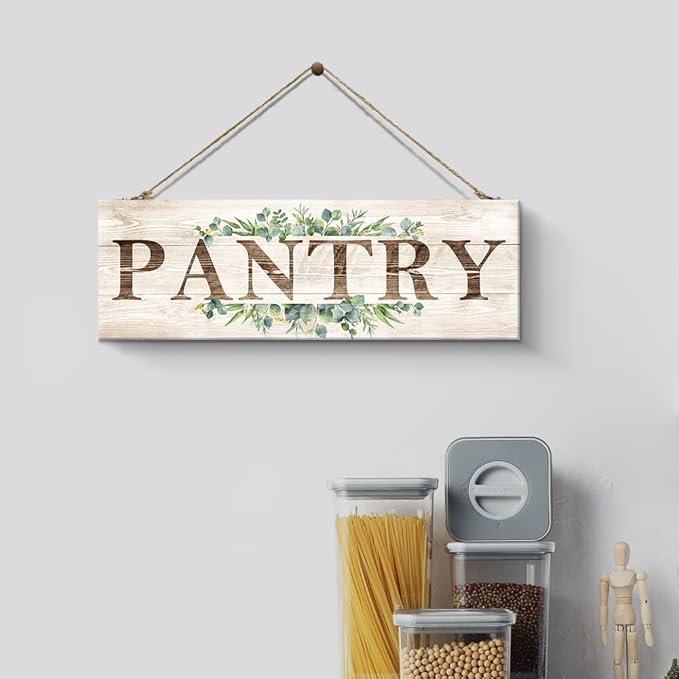 Pantry Sign Wall Decor, Pantry Wall Art with Plant Print, Rustic Farmhouse Wall Hanging Plaque Home Kitchen Decorative Pantry, 4.7 x 13.7 inches