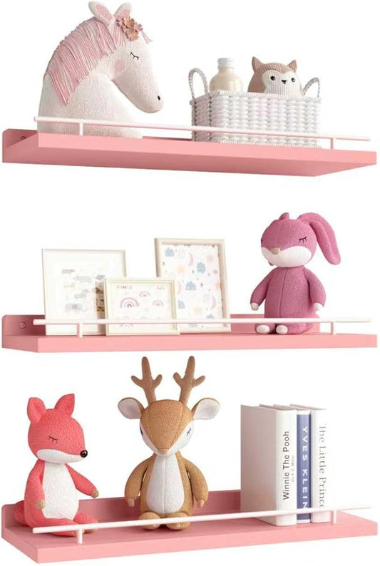 WOPITUES Floating Shelves with Metal Guardrail, Shelves for Wall Decor Set of 3, Wall Shelves for Bedroom, Bathroom, Kitchen, Living Room, Plants, Picture Frames, Art-Pink